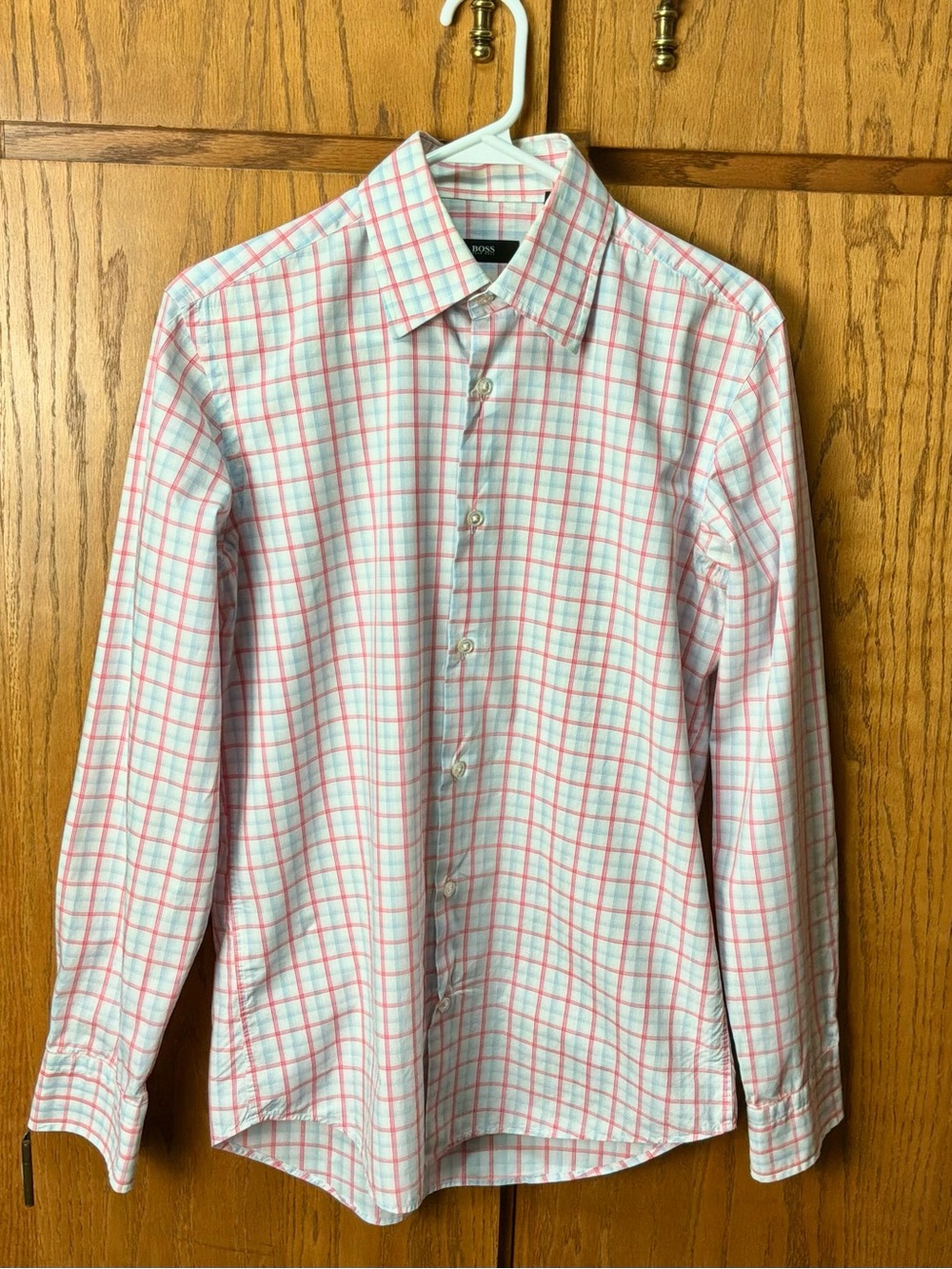 Hugo Boss White Pink Blue Plaid Dress Shirt Size 38